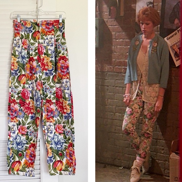 Vintage 90s Floral Cotton High-Waisted Trousers - Picture 9 of 10